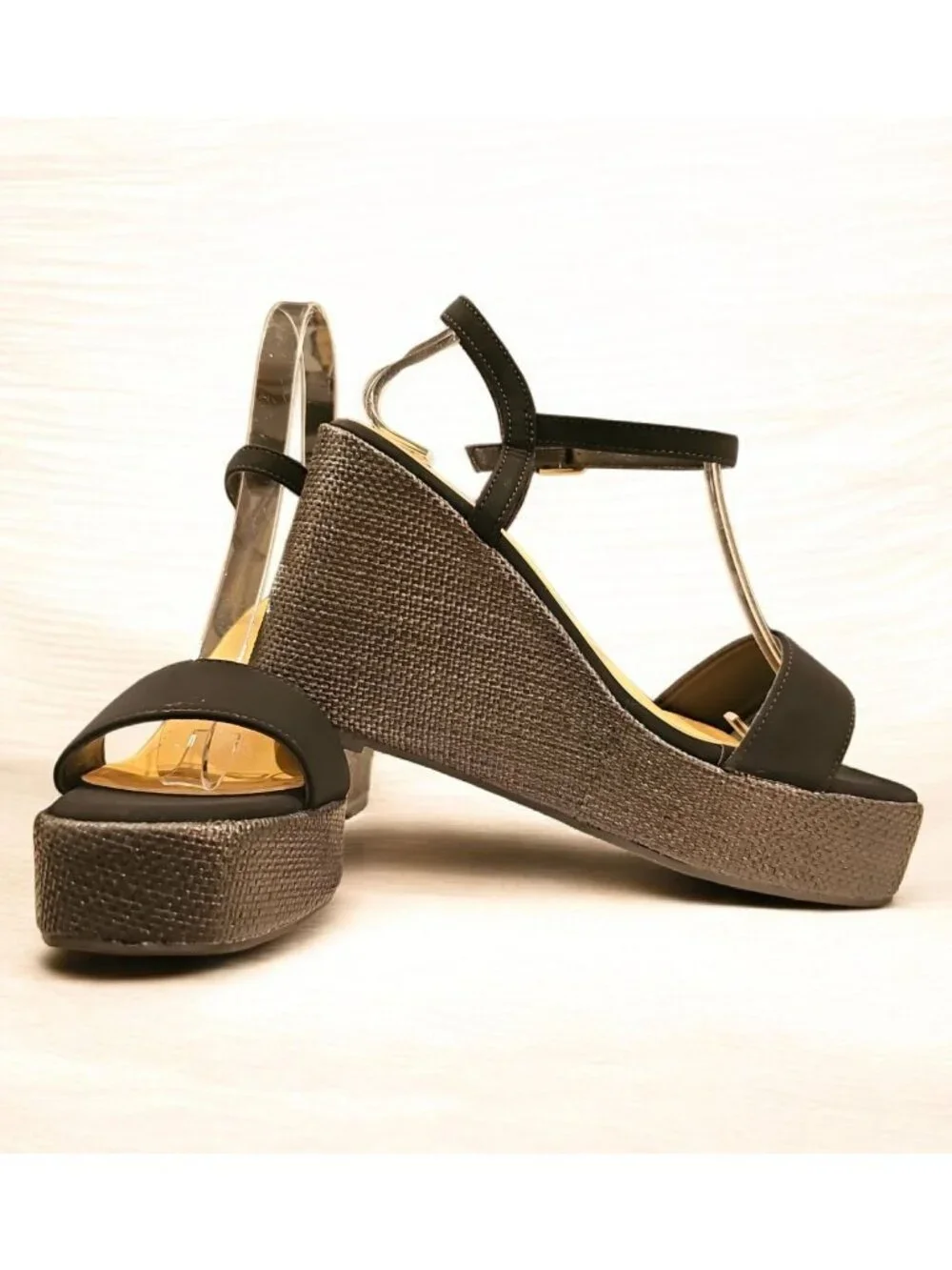 Black Wedge Sandals With Adjustable Straps & Metallic Detail - Womens Sole & Fab